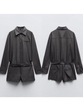Zara Romper Jumpsuit Women Size Large Gray Long Sleeve Lapel Collar Pocket